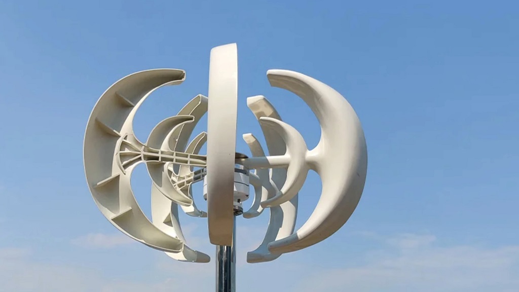 A close-up view of a vertical axis wind turbine