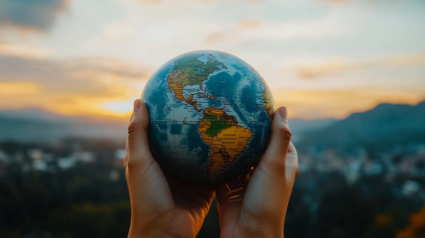 Hands holding a globe with a sunset in the background, symbolizing care for the planet and climate awareness