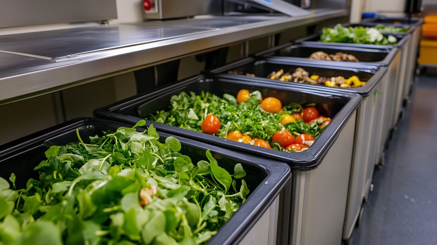 Rows of black bins filled with fresh greens, tomatoes, and other produce in a cafeteria setting