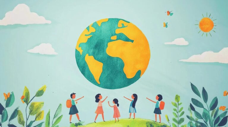 Illustration of children holding up a globe with nature and sunshine in the background, symbolizing climate change awareness and education