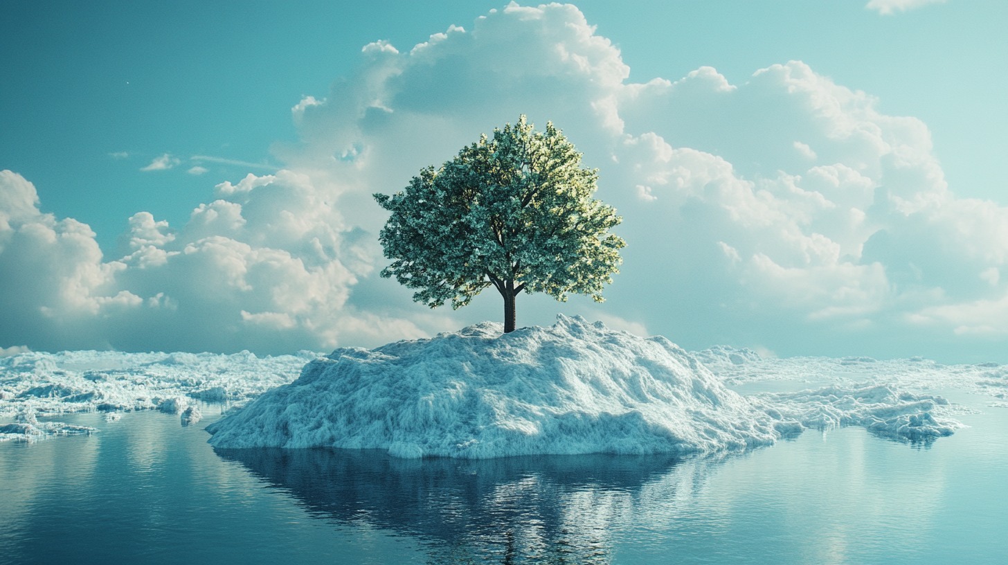 A single tree flourishing on a small icy mound surrounded by water, with bright blue skies and clouds in the background, symbolizing hope and resilience in climate change