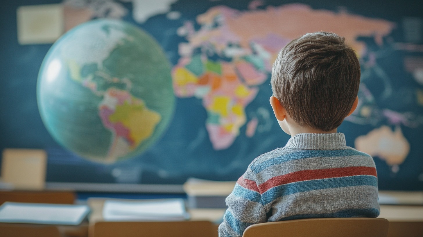 A young boy sitting in a classroom, looking at a globe with a world map in the background