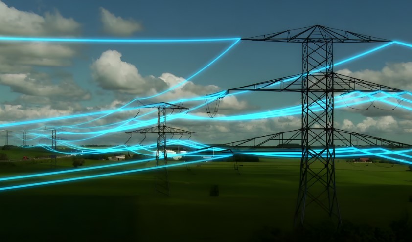 Power lines stretch across the landscape, a network of energy flowing through the countryside