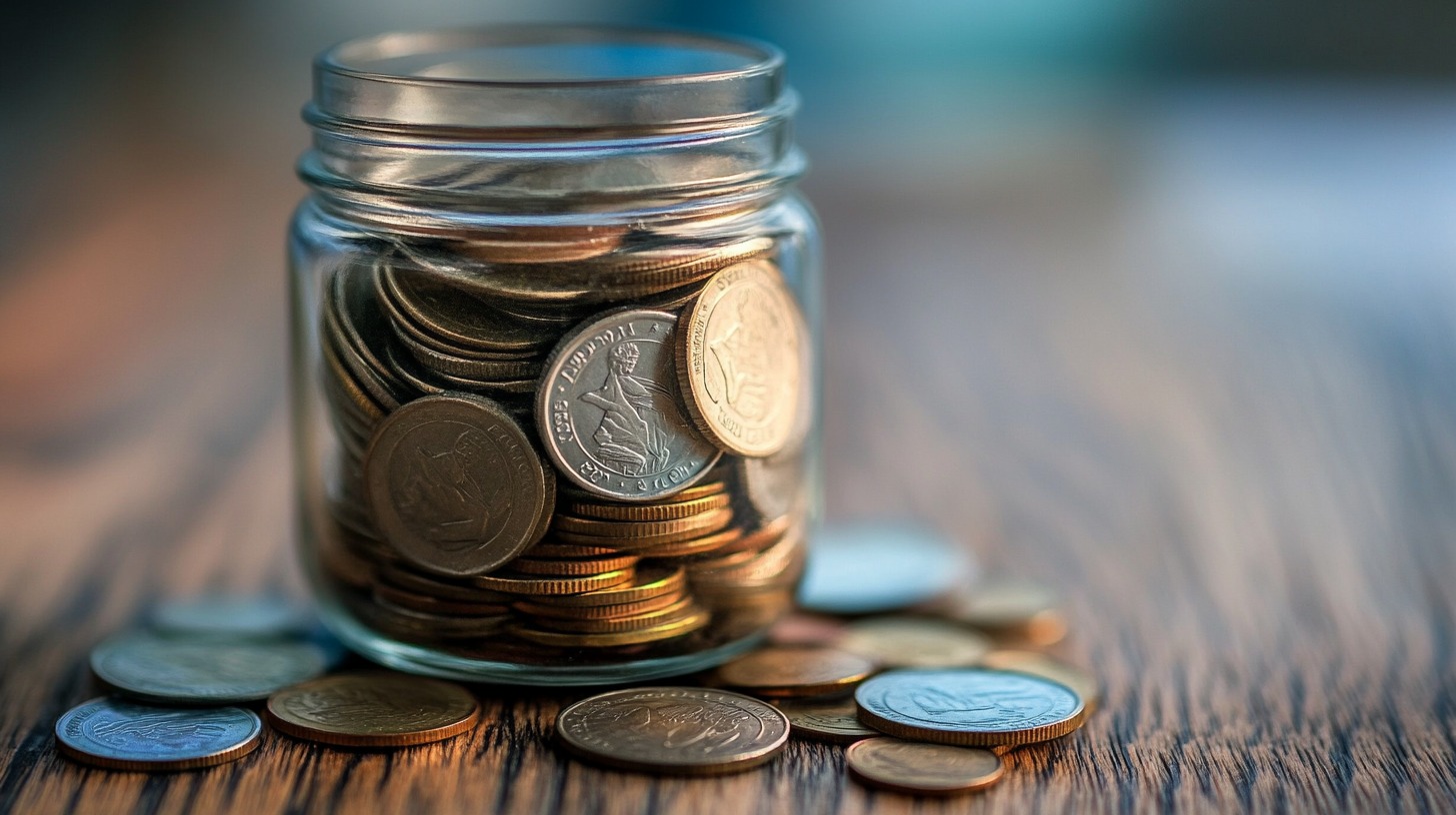 A glass jar filled with coins, with additional coins scattered on a wooden surface, symbolizing saving or resource management