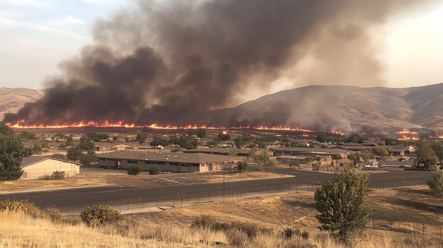 A wildfire spreading across a hillside near a residential area, emitting thick black smoke into the sky