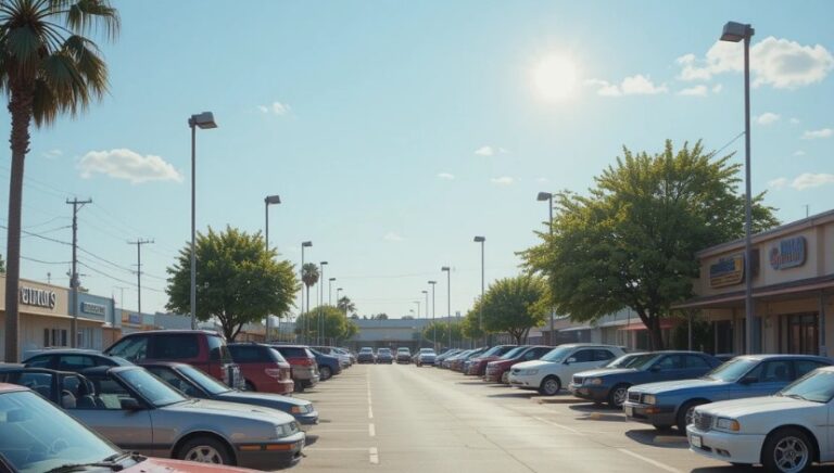 Sunny parking lot, lined with various vehicles