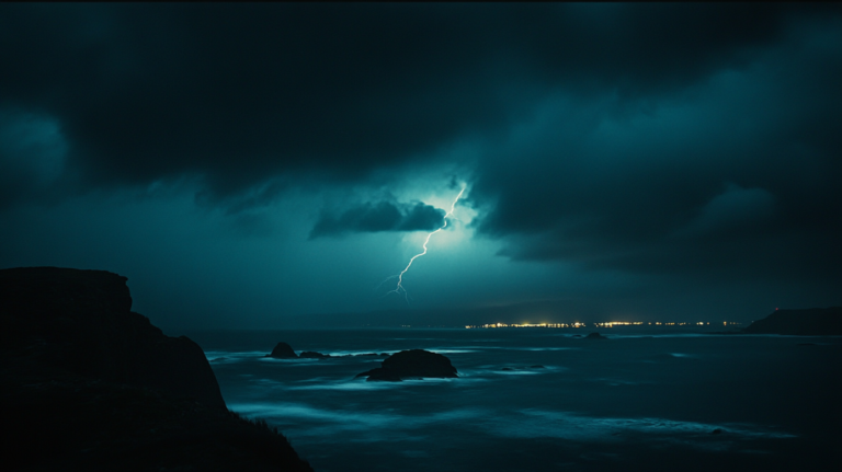 A Lightning Strike Over a Stormy Sea, Highlighting the Impact of Climate Change on Extreme Weather Patterns in Europe